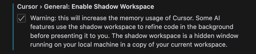 图2：Cursor 中 shadow workspace 的隐藏设置。目前是可选的。